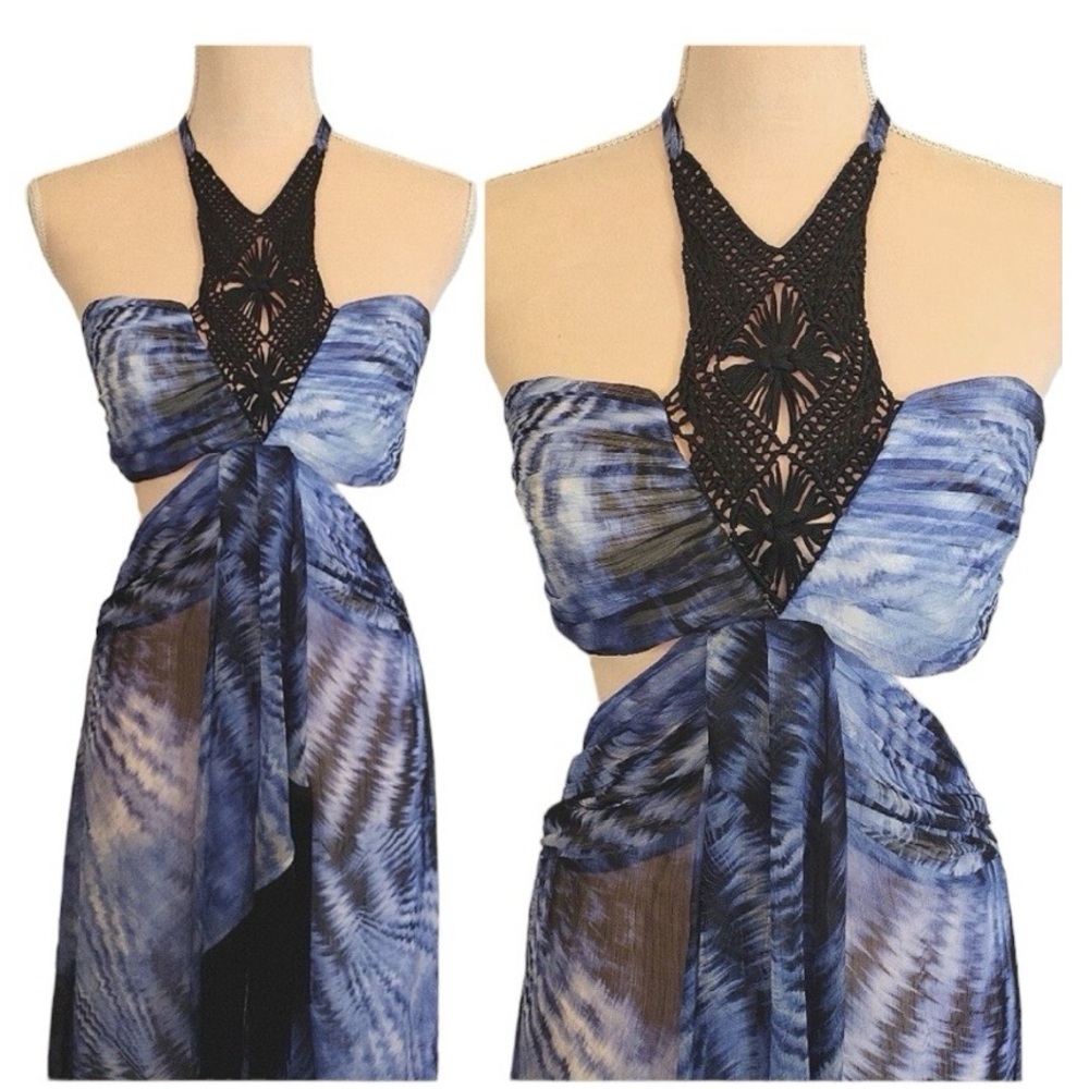 Bebe Bohemian Luxe Tie Dye Fringe Crochet Cut Out High Low Dress Blue Black Boho - Picture 6 of 16